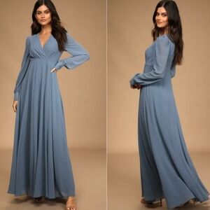 LULU'S Romance Ready Chiffon Maxi Dress Slate Blue Women Size S Special Occasion